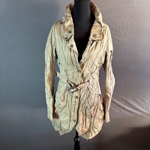 Iconoclast Tan Crinkled Utility Trench Coat Belted Jacket Italian Size 38 Small